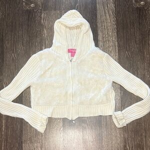 Girls cropped zip up sweatshirt with a fuzzy front, knitted like sleeves large
